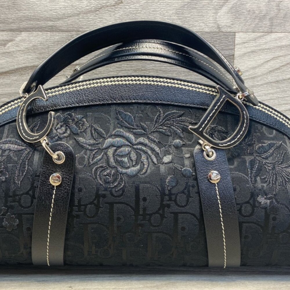 Christian Dior Trotter Floral Embroidered Handbag – Black Canvas – Authentic